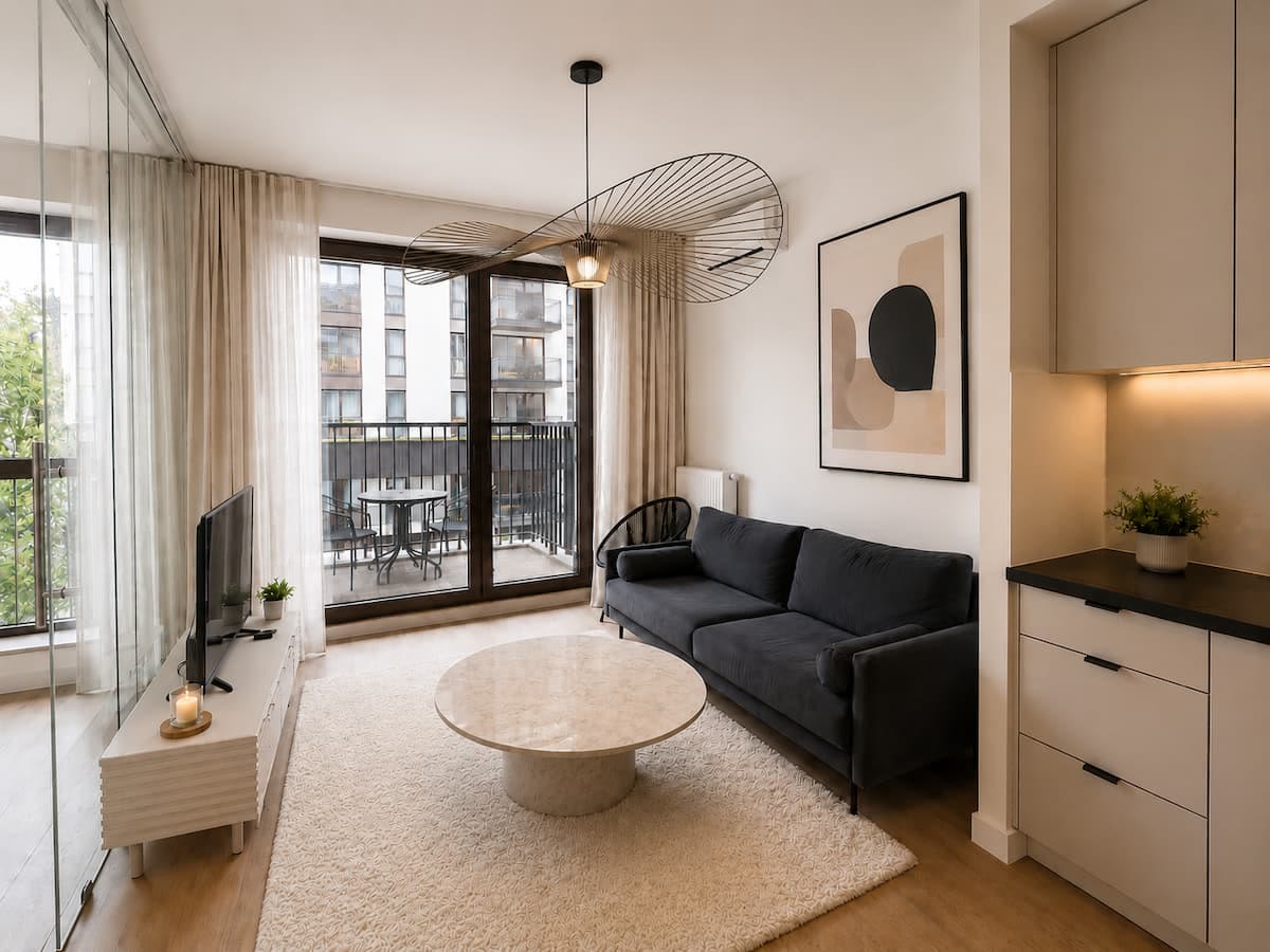 Jasny salon z sofą i wyjściem na balkon