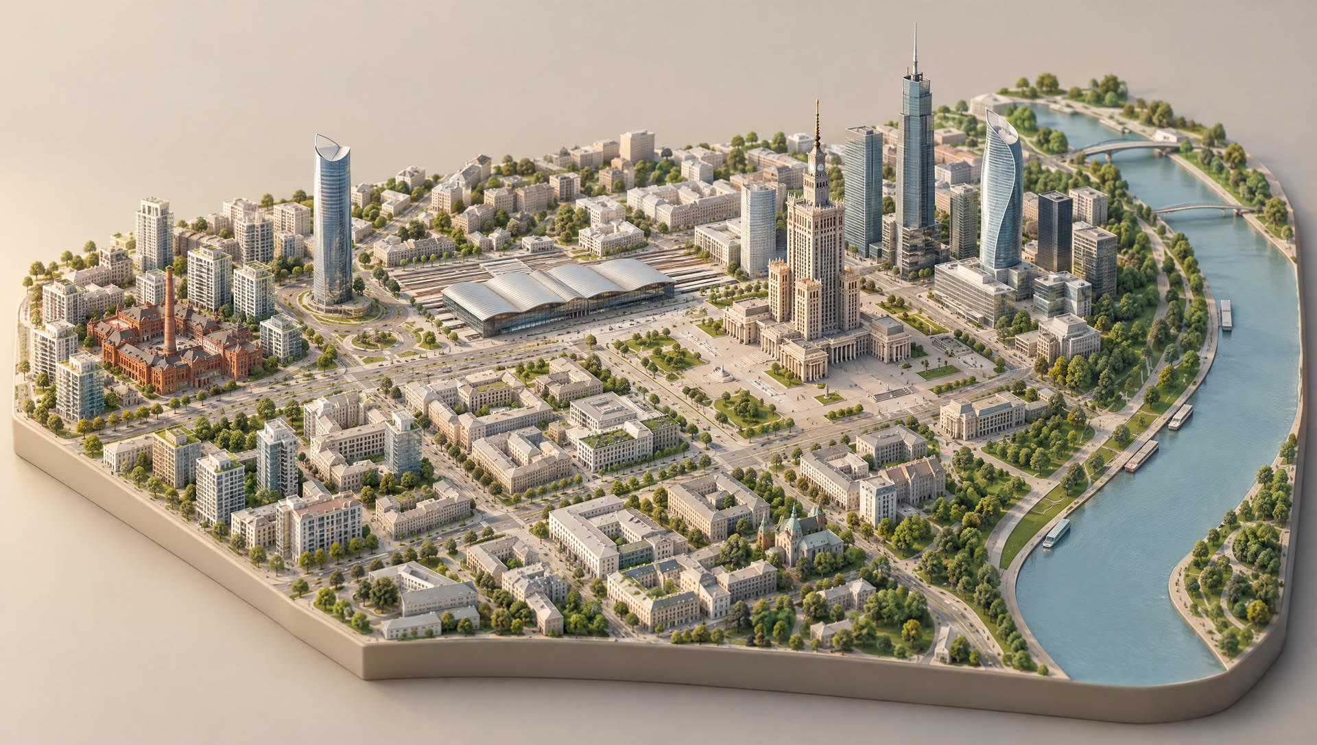 Makieta 3D centrum Warszawy: Pałac Kultury, Dworzec Centralny, wieżowce, Browary Warszawskie i Wisła